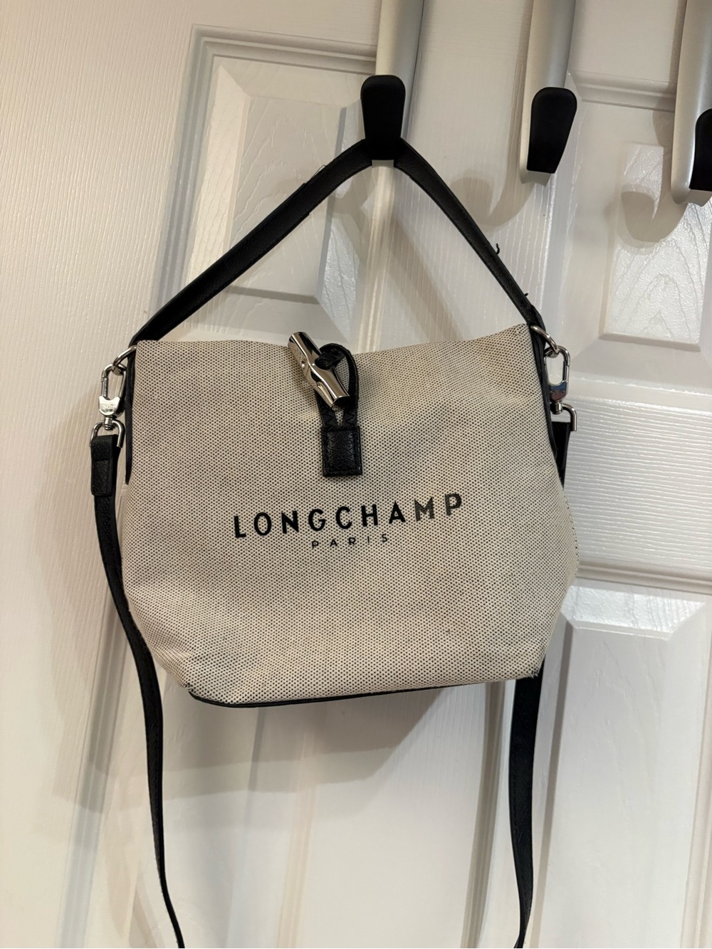 Longchamp Beige Canvas Shoulder Bag with Black Trim